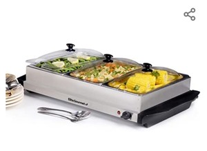 lot 281 image: Elite Gourmet EWM-6171# 7.5 Quart Triple Buffet Server Food Warmer Temperature Control, Clear Slotted Lids, Perfect for Parties, Entertaining & Holidays, Stainless Steel