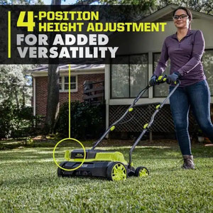lot 23494 image: RYOBI ONE HP 18V Brushless 14 in. Cordless Battery DethatcherAerator with (2) 4.0 Ah Batteries and Charger - Retail $429.00