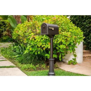 lot 23969 image: Roxbury Post Mount Mailbox Rubbed Bronze with Champagne Gold Flag and Premium Post Combo - Retail $102.47