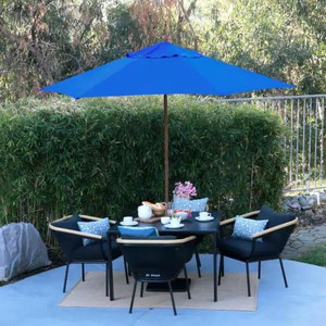 lot 23971 image: Astella - 9 ft. Wood-Grain Steel Push Lift Market Patio Umbrella in Polyester Pacific Blue Fabric - Retail $49.74