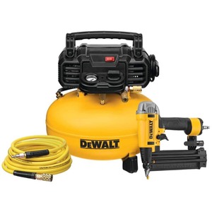 lot 24047 image: Dewalt - 18 Gauge Brad Nailer &amp 6 Gal. Oil-Free 165 PSI Electric Pancake Air Compressor with 14 x 50 Ft. Hose&nbspCombo Kit&nbsp- Retail $239.46