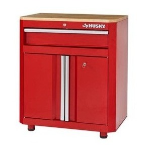 lot 23475 image: Husky - 24-Gauge Steel 1-Drawer 2-Door Garage Base Cabinet in Red (28 in. W x 33 in. H x 18 in. D) - Retail $224.99