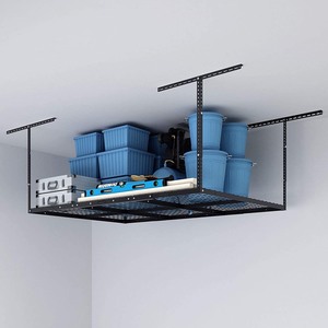 lot 23495 image: FLEXIMOUNTS - Adjustable Height Overhead Ceiling Mount Garage Rack in Black (72 in. W x 48 in. D) - Retail $179.00