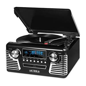 lot 8338 image: Victrola 50s Retro Bluetooth Record Player & Multimedia Center with Built-in Speakers - 3-Speed Turntable, CD Player, AMFM Radio  Vinyl to MP3 Recording  Wireless Music Streaming  Black