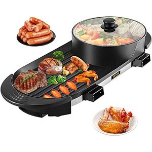 lot 8345 image: VEVOR 2 in 1 BBQ Grill and Hot Pot with Divider, Aluminum Alloy Electric BBQ Stove Hot Pot, Separate Dual Thermostat Teppanyaki Grill Pot with 5 Speed, for Family Dinner Friends Party Black