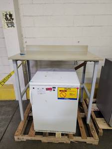 lot 5636 image: 47in Hard Plastic Top Metal Base Table