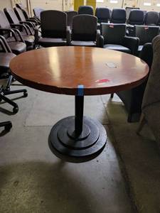 lot 18528 image: Wooden Round Table W Metal Base&nbsp