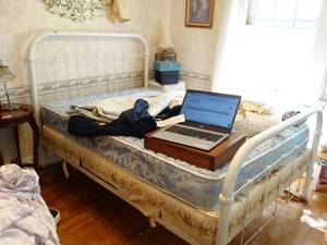 lot 1232 image: Rod Iron Antique Bed (Twin)  Frame w Mattress - Box Spring - Must Take Complete Bed