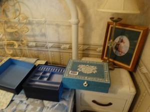 lot 1244 image: 2 Jewelry Boxes Small Framed Art and Lamp