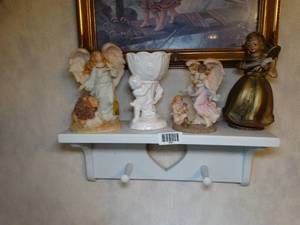lot 1256 image: Mixed Lot of Decor  Seraphim Angel Figurines  Wreaths  Wall Hanging  Wood Shelf