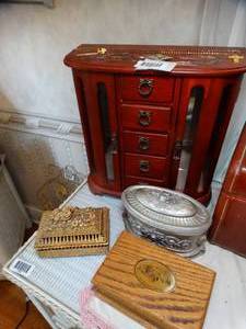 lot 1260 image: Wood and Metal Decorative Containers  Jewelry Holder and Hungarian Pin and Misc Jewelry