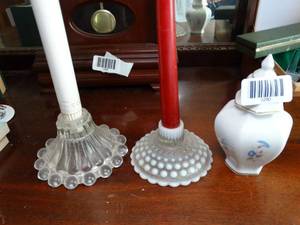 lot 1290 image: 2 Antique Glass Candle Holders and Vessel from Hungary