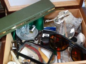 lot 1291 image: Wood Jewelry Box w Mens Misc Items