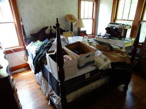 lot 1298 image: Beautiful Dark Wood Queen Sized Bed w Serta Oakridge Pillow Top Mattress and Box Springs