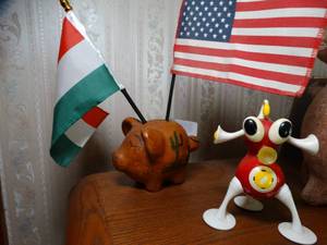 lot 1407 image: Small Piggy Bank w 2 Flags and Misc