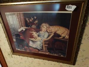 lot 1416 image: 35x 25 Framed Wall Art   Child w Pets and Doll