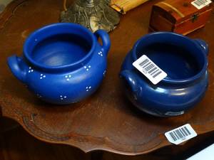 lot 1428 image: 2 Unique Blue Singed Ceramic Pots