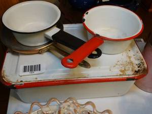 lot 1429 image: Enamel Ware Red & White Storage  Small Pots and Misc