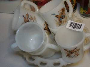 lot 1432 image: Lot of Fire King Mallard Ducks & Pheasants  White Milk Glass Bowl
