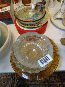 lot 1436 image: Decorative Plates  3 Pressed Glass Ash Trays  Pyrex w handle
