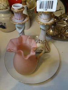 lot 1438 image: Unique Pair of Candle Sticks Hollohaza - Hungary  Pink and Cream Ruffled Pitcher and Misc