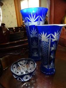 lot 1451 image: 3 Blue - Clear Crystal Vessels  Vases