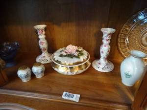 lot 1464 image: Content on Bottom Shelf  Floral Candle Holders  Hungarian Vase  Old S&P  Misc
