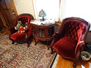 lot 1467 image: Absolutely Awesome Pair of Antique Red Velvet Wrap-Around Chairs