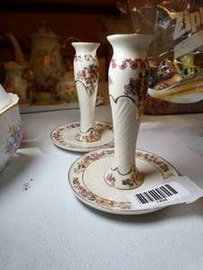 lot 1494 image: Pair of Zsolnay Hungary  Hand Painted Candle Sticks