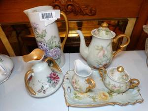 lot 1496 image: Unmarked Beautiful Vintage China  Lot  Pitchers  Creamer  Platter  Misc