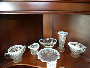 lot 1513 image: Unique Moon Glass Hobnail Contents on Top Shelf