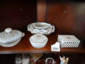 lot 1515 image: Beautiful Moon Glass Hobnail  Containers  Wavy Dishes  Contents on Bottom Shelf