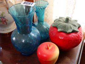 lot 1523 image: Blue Glass Vase and Pitcher w Peach and Strawberry Containers