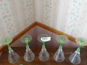 lot 1531 image: 5 Long Stemmed Uranium Green Glass Base  Clear Etched Top