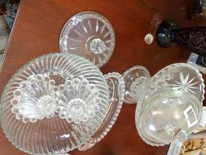 lot 1552 image: Clear Pressed Glass Lot  Candle Sticks and Matching Bowl  Etc