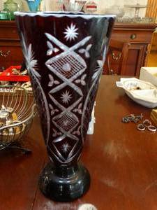 lot 1560 image: Dark Red Etched Glass Vase
