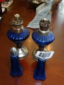 lot 1564 image: 2 small Blue Glass Lantens and Salt and Pepper Shakers