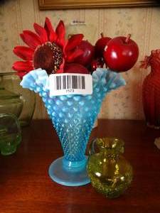 lot 1573 image: Blue Hobnail Ruffled Edge Vase and Small Yellow Creamer