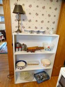 lot 1584 image: White Wood Shelves w Kitchen Contents