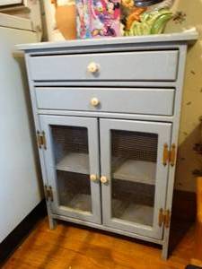 lot 1593 image: Small Blue Wood Cabinet w Kitchen Contents Inside