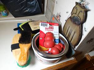 lot 1602 image: Dog Items  Kongs - Bowls - Sign - Brushes - Misc