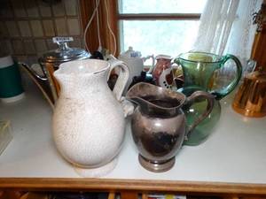 lot 1608 image: Lot of 4 Large Metal and Glass Pitchers
