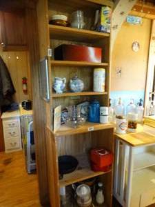 lot 1620 image: Contents On Wood Shelf  Blenders - Iron Pan - Light Bulbs - Kitchen Signs - Etc