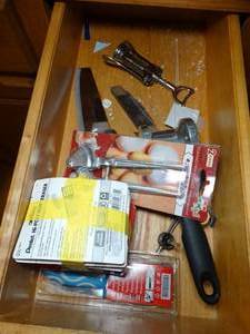 lot 1612 image: Contents of Kitchen Drawer - Jack Knife  Bottle Opener  More