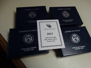 lot 1649 image: (4) - 2011 U.S. Mint  American Eagle One Ounce Proof Silver Coin w Box and COA