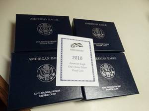 lot 1650 image: (4) - 2010 U.S. Mint  American Eagle One Ounce Proof Silver Coin w Box and COA