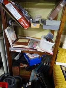 lot 1687 image: Contents of Bottom 4 Shelves  Old Cards  3 ring Binders  Atlas  2x2 Organizers  Fillmaster  Etc.