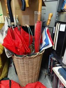 lot 1697 image: Tall Natural Wicker Umbrella Holder w Umbrellas