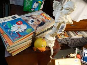 lot 1726 image: Hefty Metal Stocking Hanger  Two Stacks of Old Books