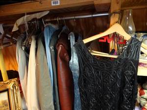 lot 1780 image: Clothes Hanging in Cabinet w 2 Quality Dresses